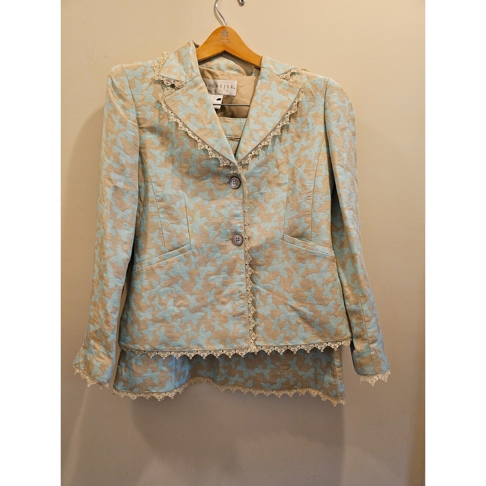 Doncaster Skirt Suit Womens 8 Blue Tan Butterfly Jacquard Linen Blend 2pc Set